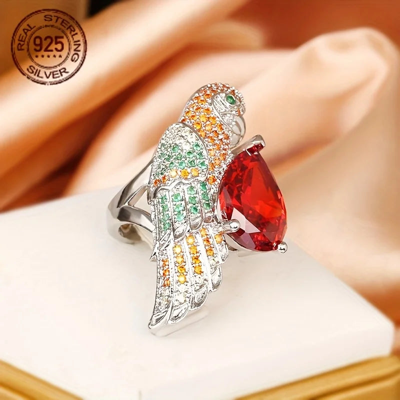 Parrot Bird Silver Ring Zircon Water Drop