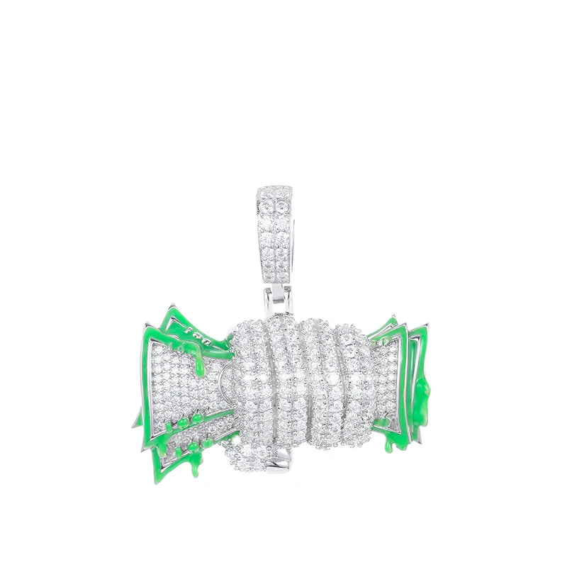 ICEOUTBOXCN Glowing Fist Dollar Money Bag Pendant Necklace Moissanite