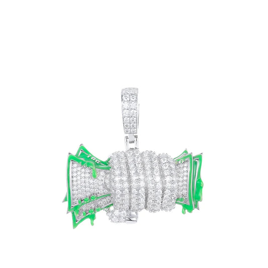 ICEOUTBOXCN Glowing Fist Dollar Money Bag Pendant Necklace Moissanite