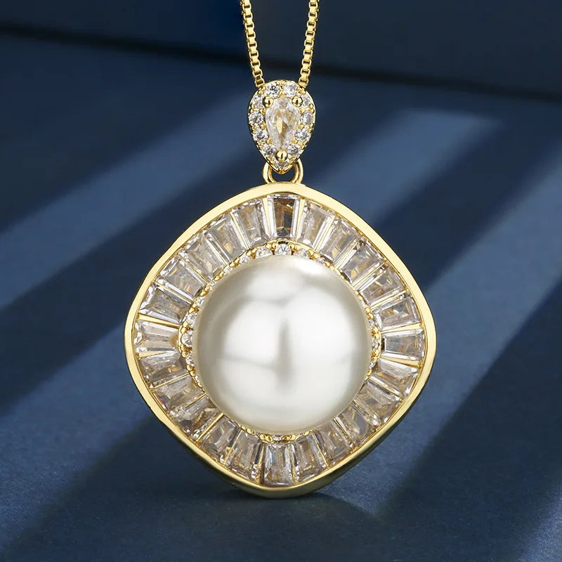 Earrings Ring Necklace Gold Plated White Pearl Square