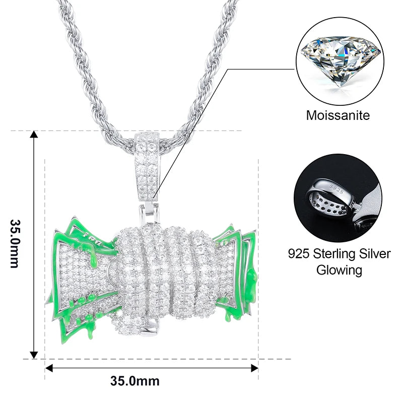 ICEOUTBOXCN Glowing Fist Dollar Money Bag Pendant Necklace Moissanite