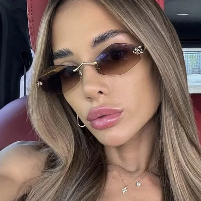 Sunglasses Frameless Diamond Shaped Leopard UV400 Small Frame