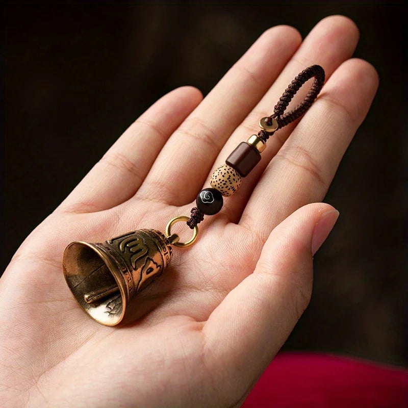 Vintage Brass Tibetan Six Word Mantra Bell Keychain