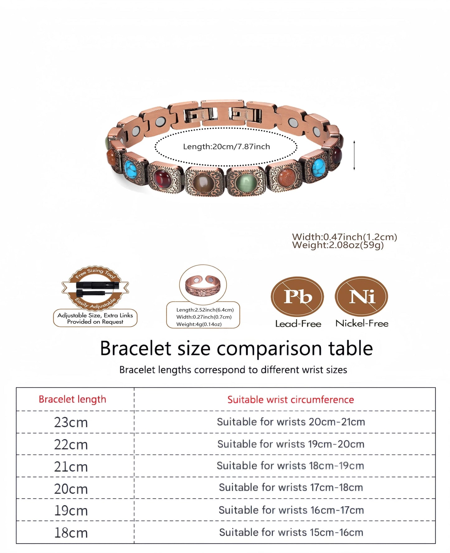 Pure Copper Magnetic Bracelet Turquoise Stones Adjustable Unisex Jewelry