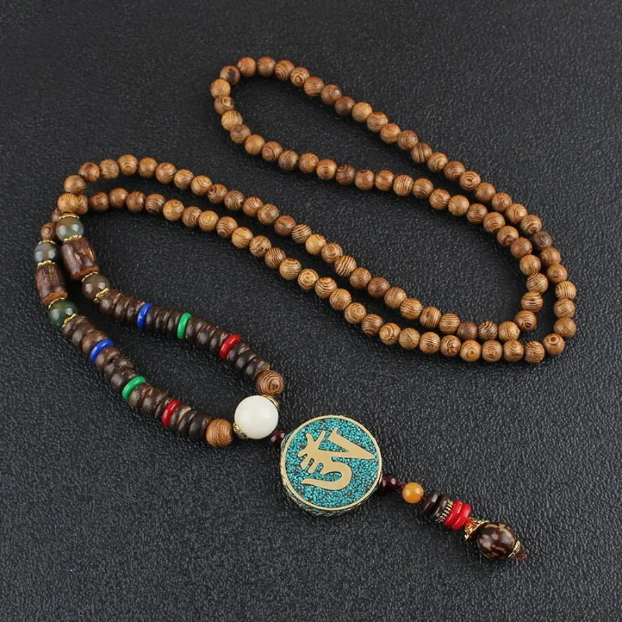 Vintage Nepal Buddhist Mala Necklace With Wood Beads Pendant Ethnic Jewelry