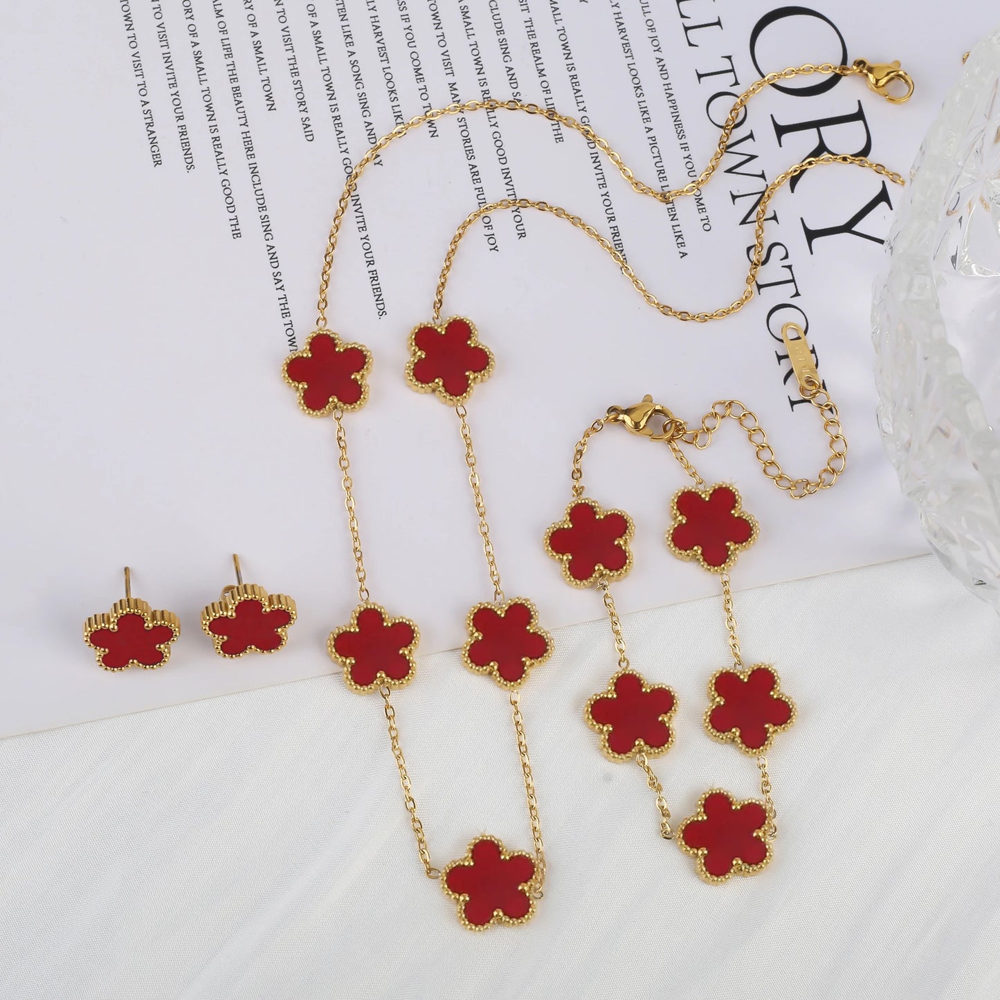 Stainless Steel Flower Clover Jewelry Set Necklace Bracelet Earrings