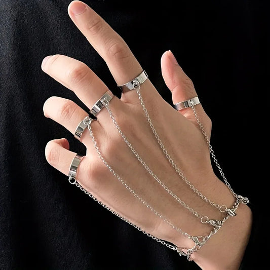 Fashion Finger Ring Bracelet for Men & Women Adjustable Open Band Ring with Connecting Chain Trendy Hip Hop Street Style Jewelry