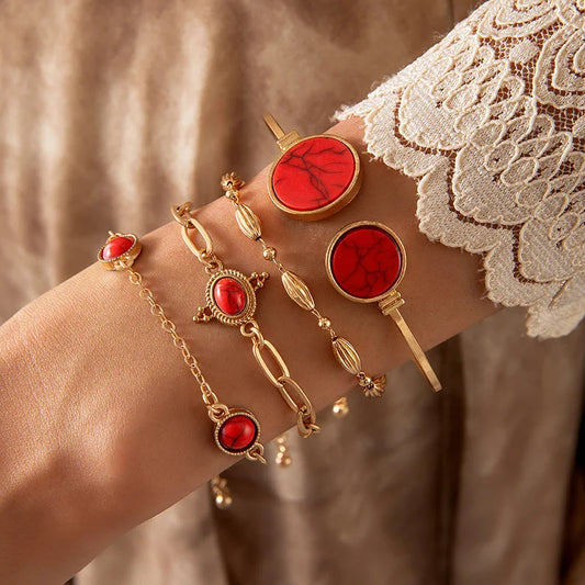 Retro Ethnic Style Imitation Marble Turtle Bead Bracelet Set