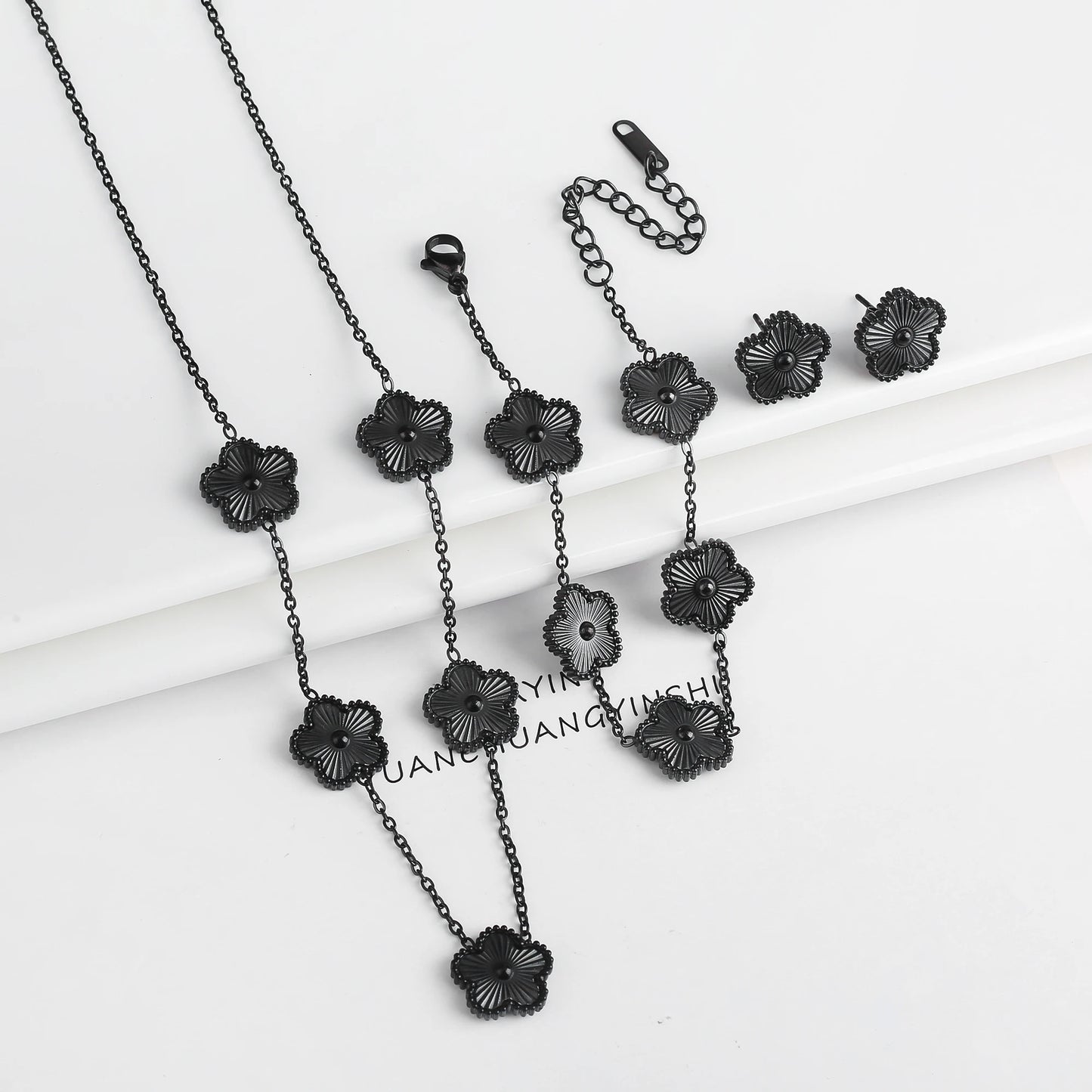 Stainless Steel Flower Clover Jewelry Set Necklace Bracelet Earrings
