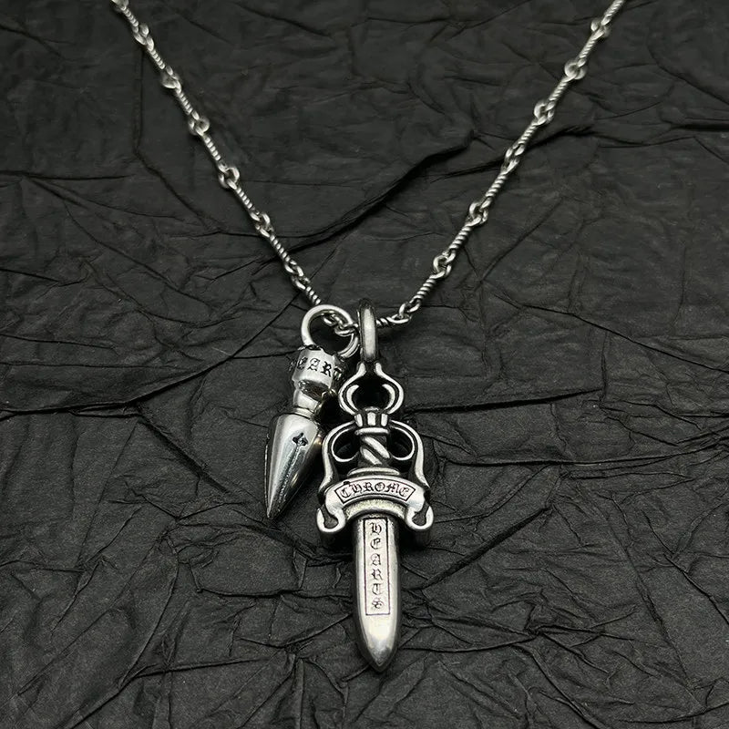 925 Sterling Silver Sword Bullet Pendant Necklace