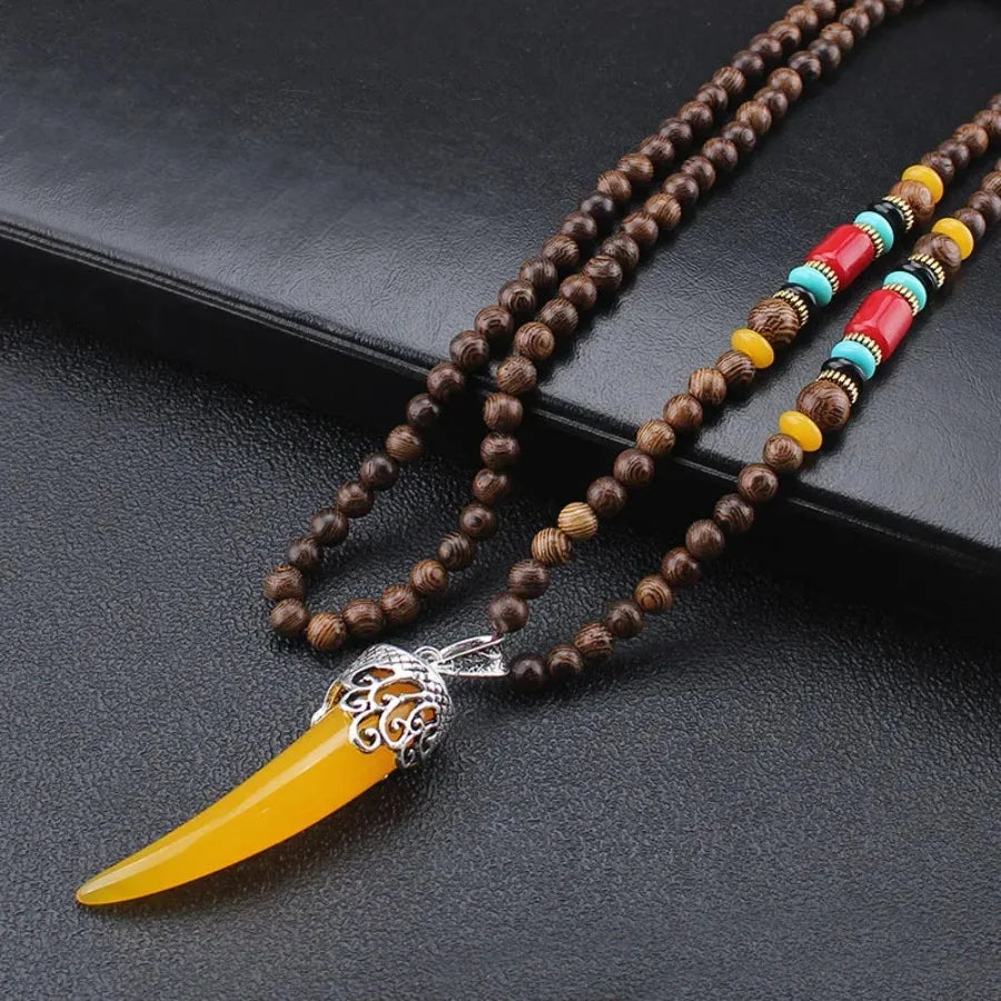 Vintage Nepal Buddhist Mala Necklace With Wood Beads Pendant Ethnic Jewelry