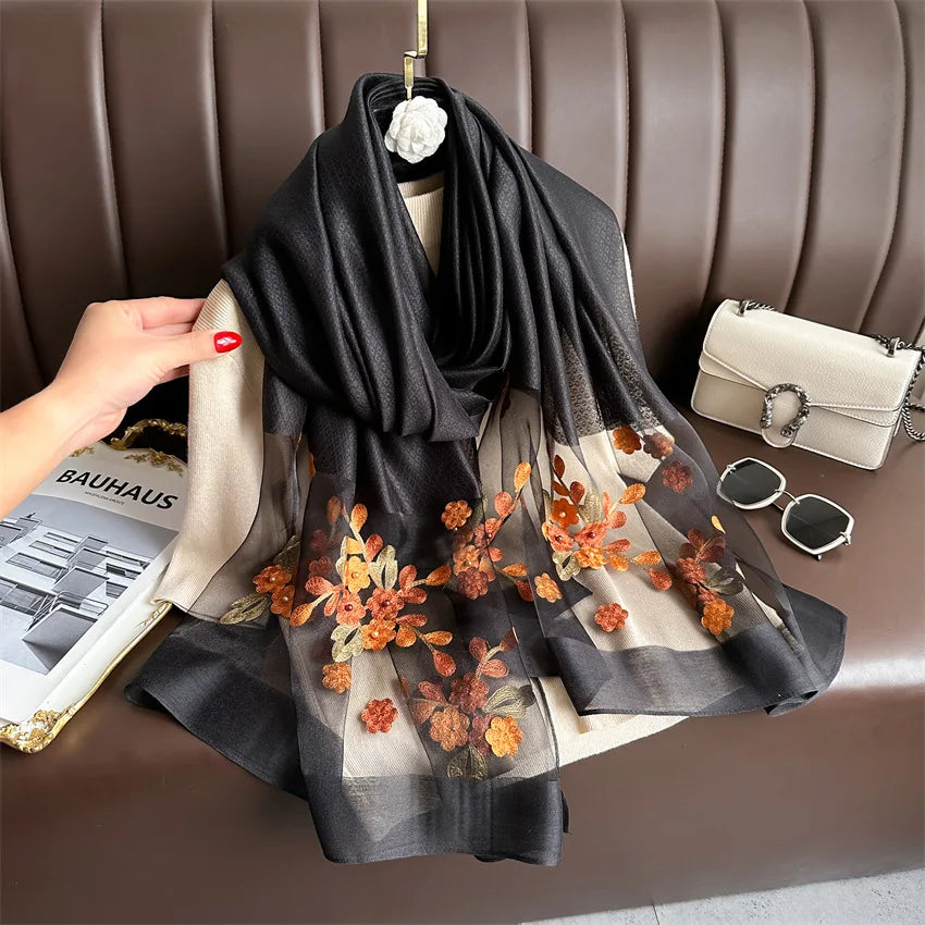 Scarf Embroidered Floral Print Wrap
