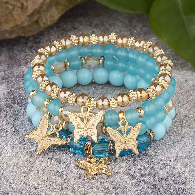 Bracelet Crystal Bead 4Pcs Butterfly Charm Set