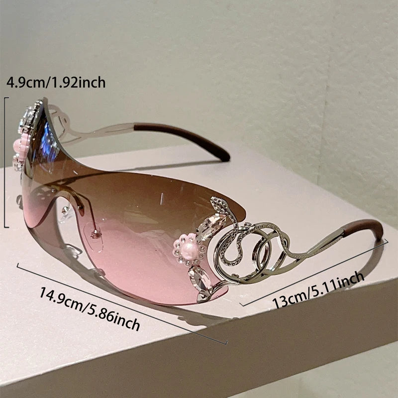 Rimless Sunglasses With Rhinestones Monoblock Gradient Lenses