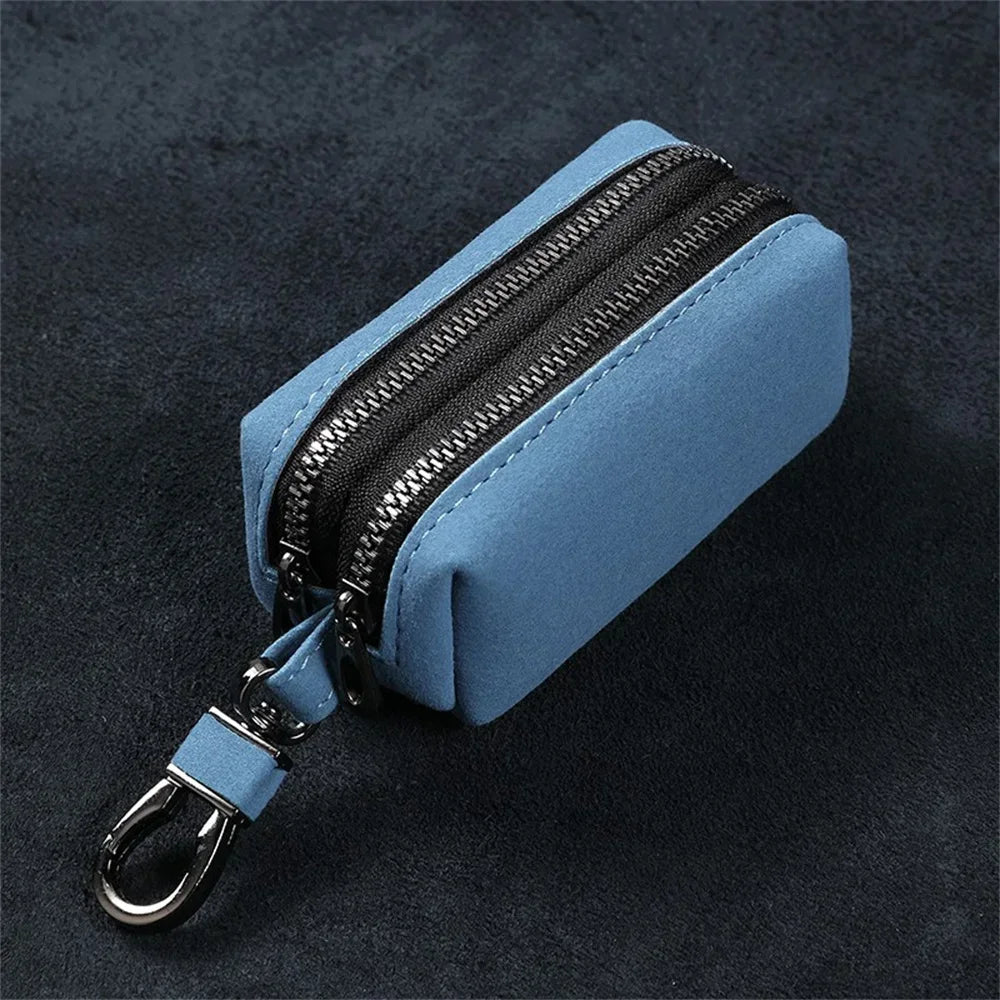 NONECN Faux Suede Key Wallet Unisex Large Capacity Double Zipper