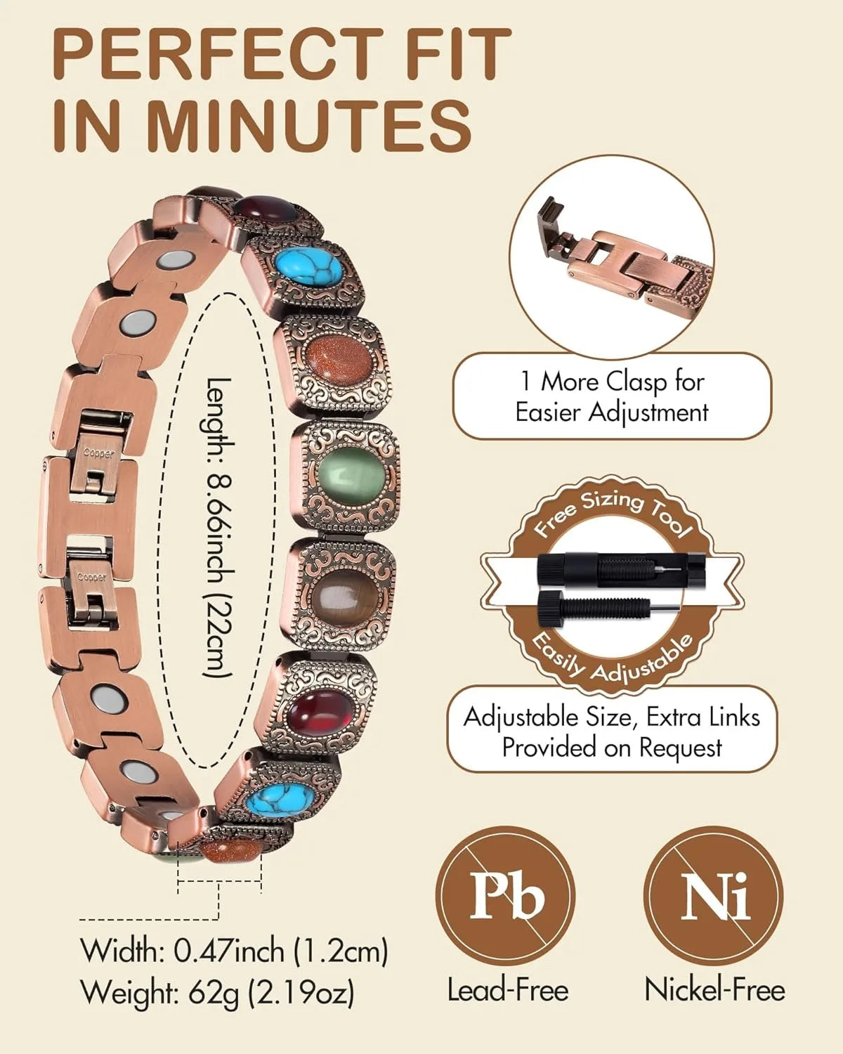 Pure Copper Magnetic Bracelet Turquoise Stones Adjustable Unisex Jewelry