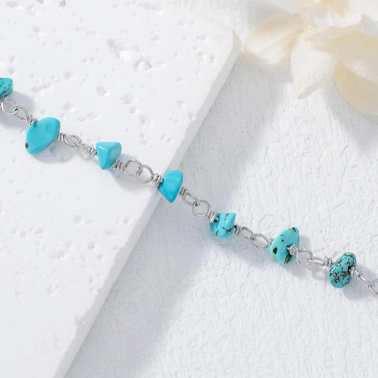 BETHZA Jewelry Raw Turquoise Gem Ankle Bracelet 925 Silver Adjustable