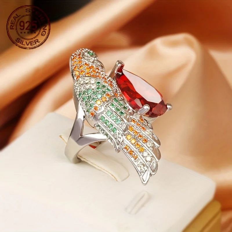 Parrot Bird Silver Ring Zircon Water Drop