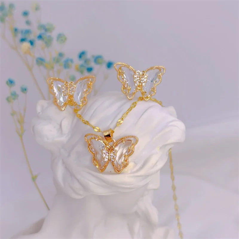 Butterfly Necklace And Earrings Set Stainless Steel Jewelry