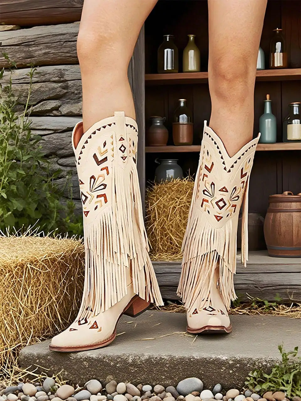 Embroidered Womens Mid Calf Western Boots With Tassels Fringe