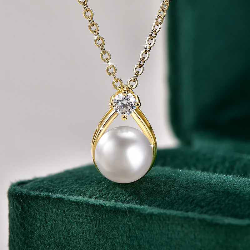 Pearl Moissanite Necklace 14K Gold Freshwater
