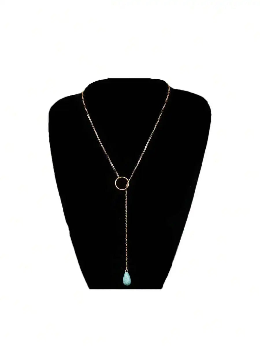 Turquoise Teardrop Pendant Necklace  Minimalist Alloy Chain