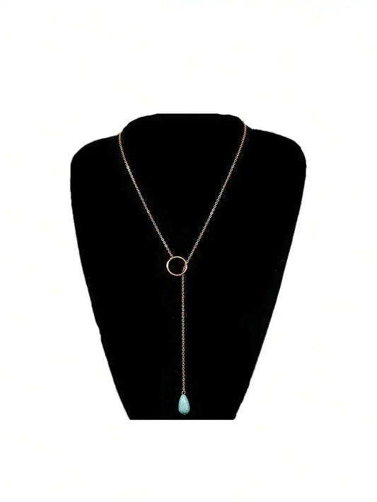 Turquoise Teardrop Pendant Necklace  Minimalist Alloy Chain