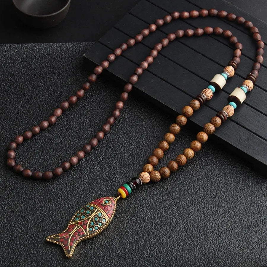 Vintage Nepal Buddhist Mala Necklace With Wood Beads Pendant Ethnic Jewelry