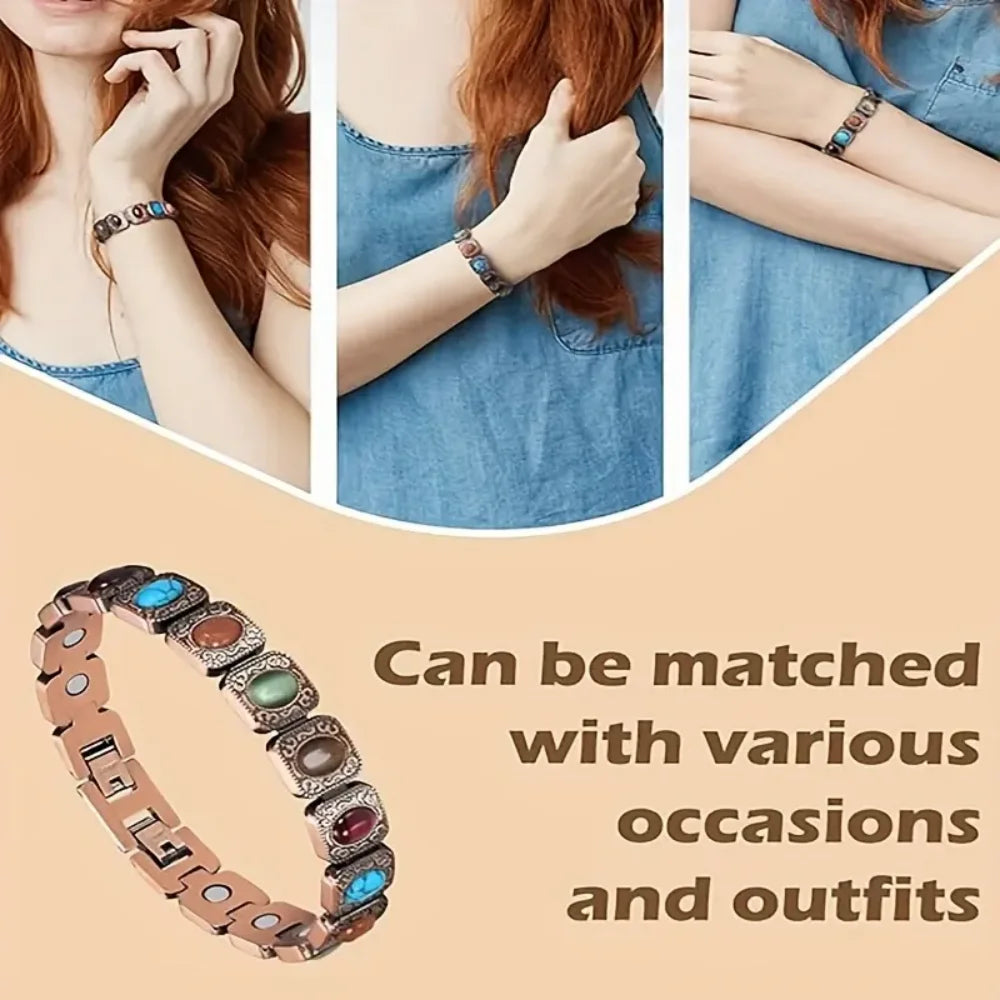 Copper Magnetic Bracelet With Turquoise Stones Unisex Adjustable