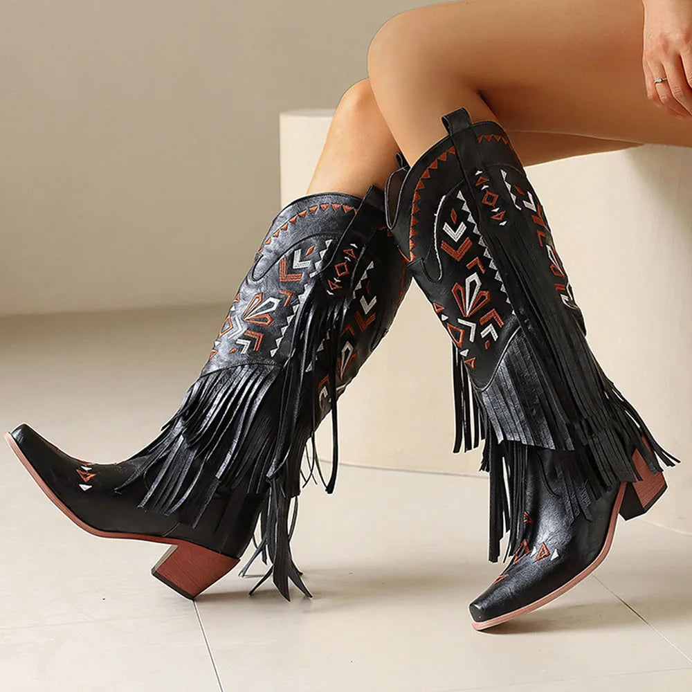 Women Western Boots Pointed Toe Chunky High Heel