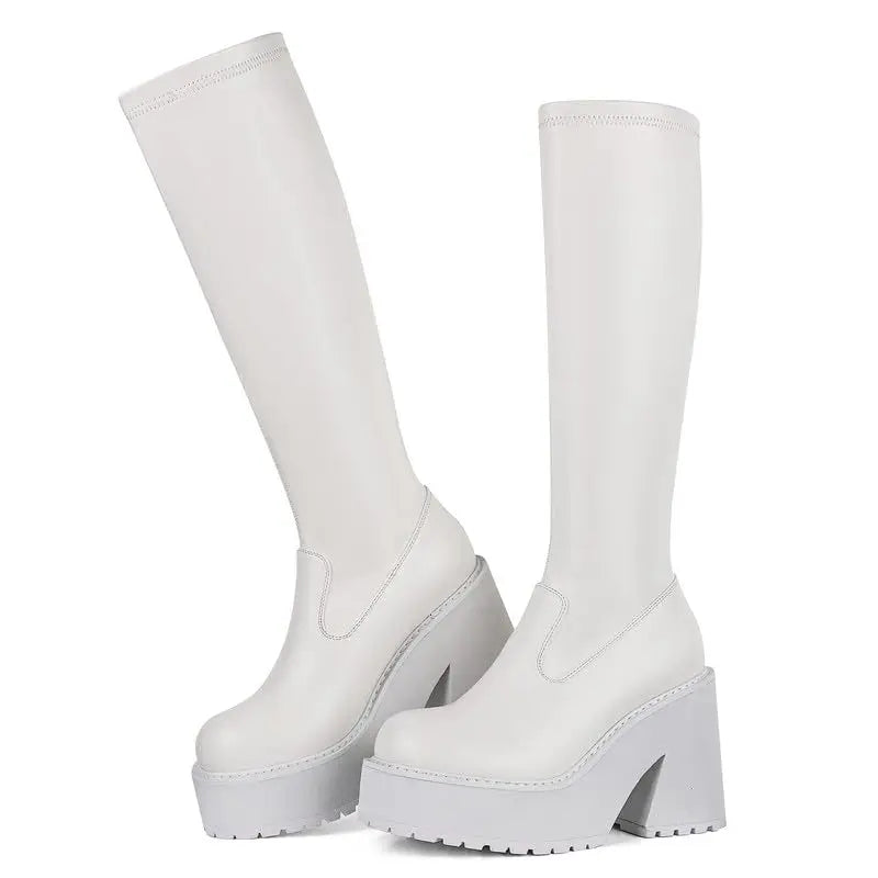 Women's Stretch Boots Mid Calf White