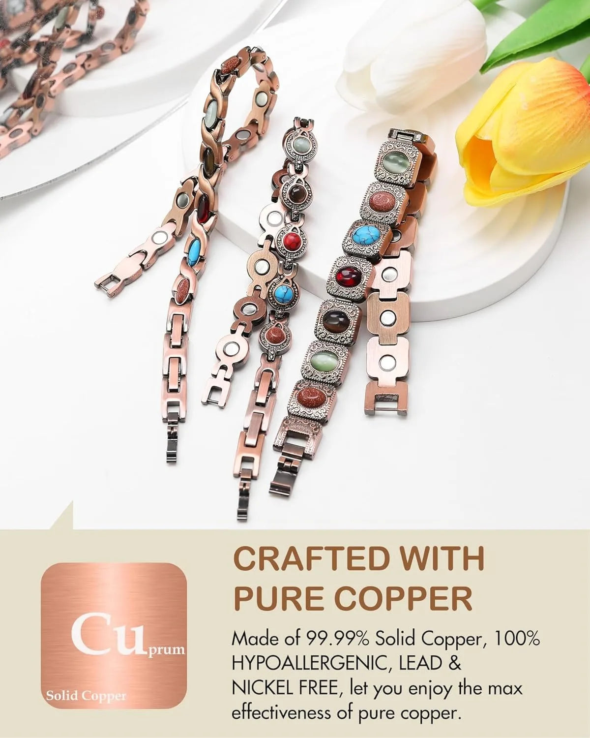 Pure Copper Magnetic Bracelet Turquoise Stones Adjustable Unisex Jewelry