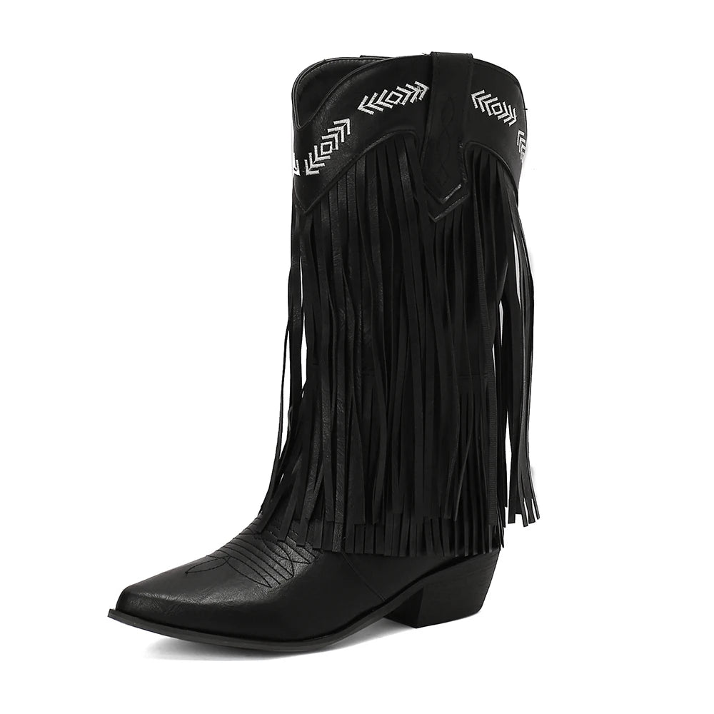 Boots Women Western Embroidery Tassel Chunky Heels