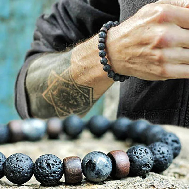 Volcanic Stone Lava Wood Beaded Bracelet Tibetan Buddhist Unisex Gift