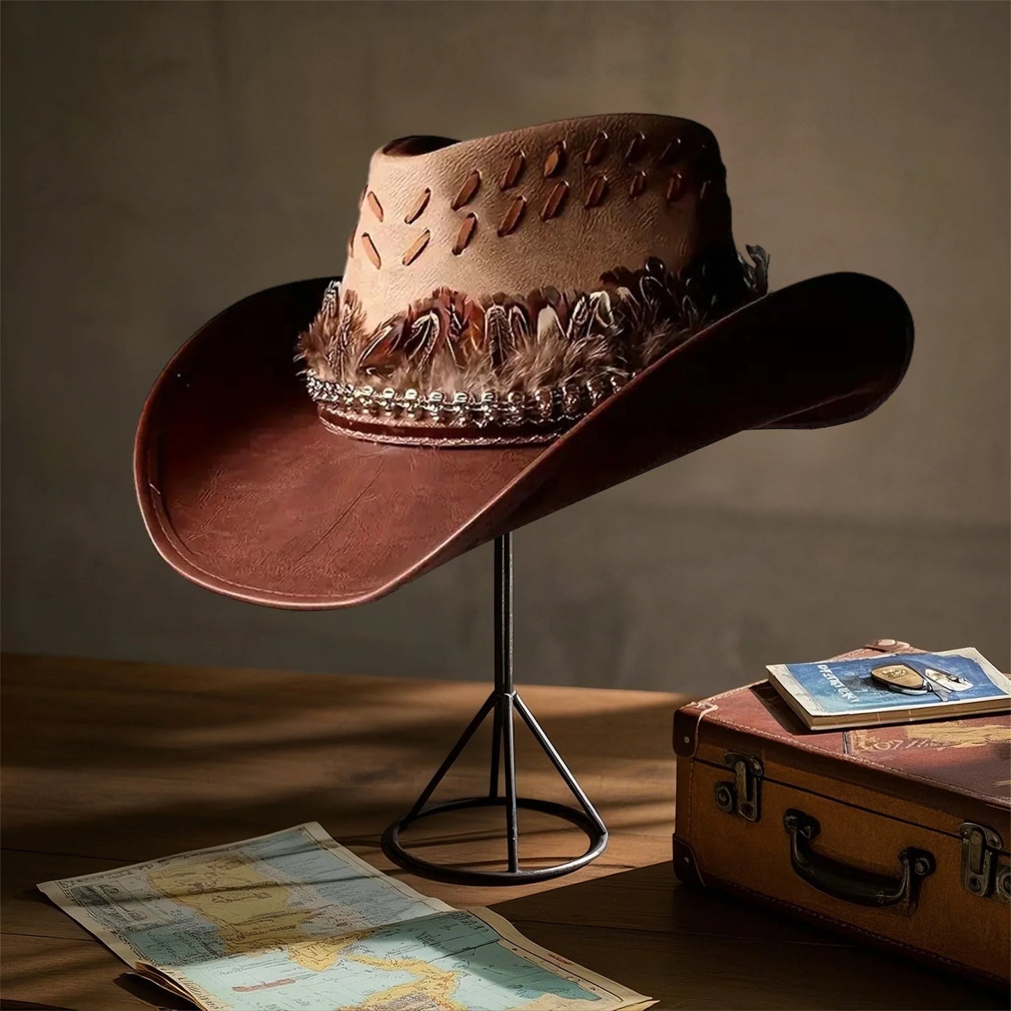 Men's Western Hat With Decorative Feathers And Wide Brim