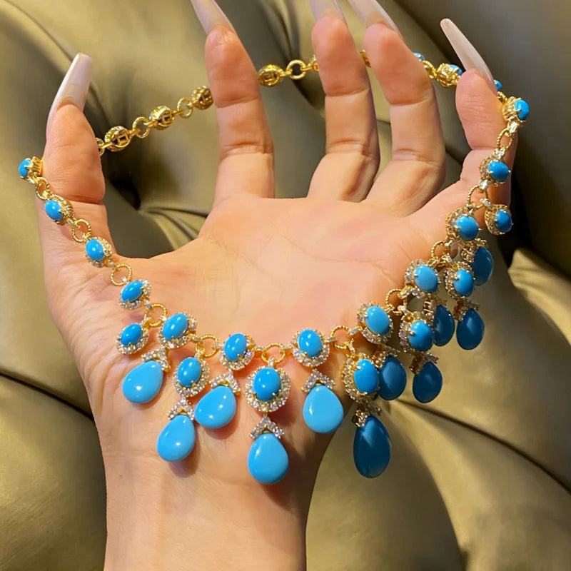 XCL Tassel Necklace Earrings Set With Synthetic Gemstone S925 Silver