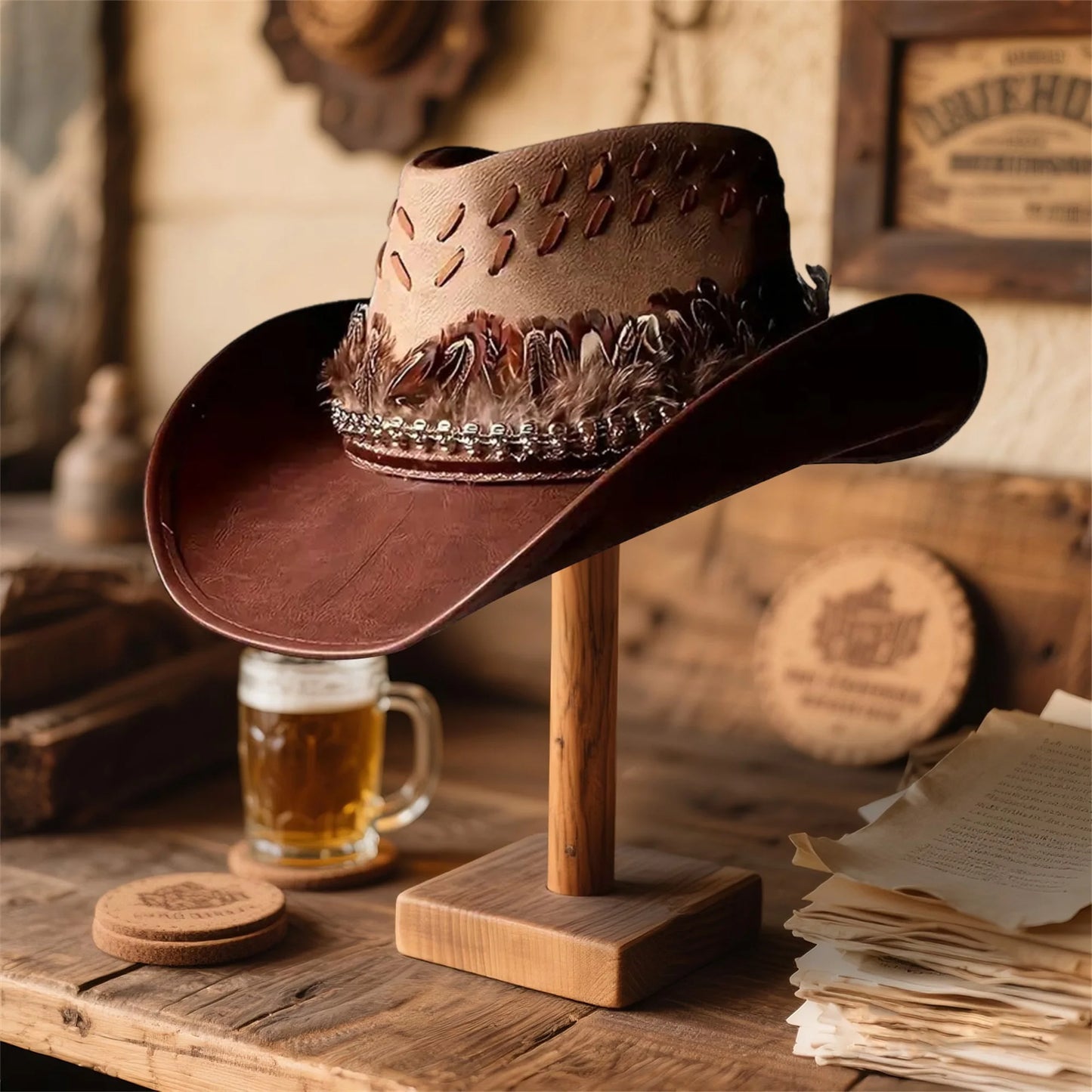 Men's Western Hat With Decorative Feathers And Wide Brim