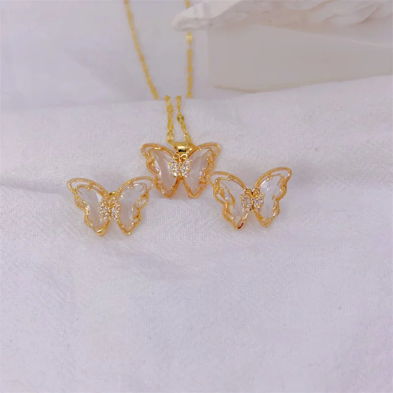 Butterfly Necklace And Earrings Set Stainless Steel Jewelry