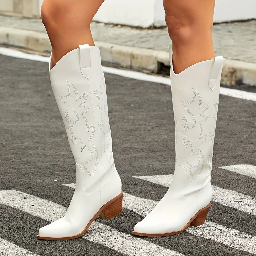 Western Knee-High Boots Women Embroidered
