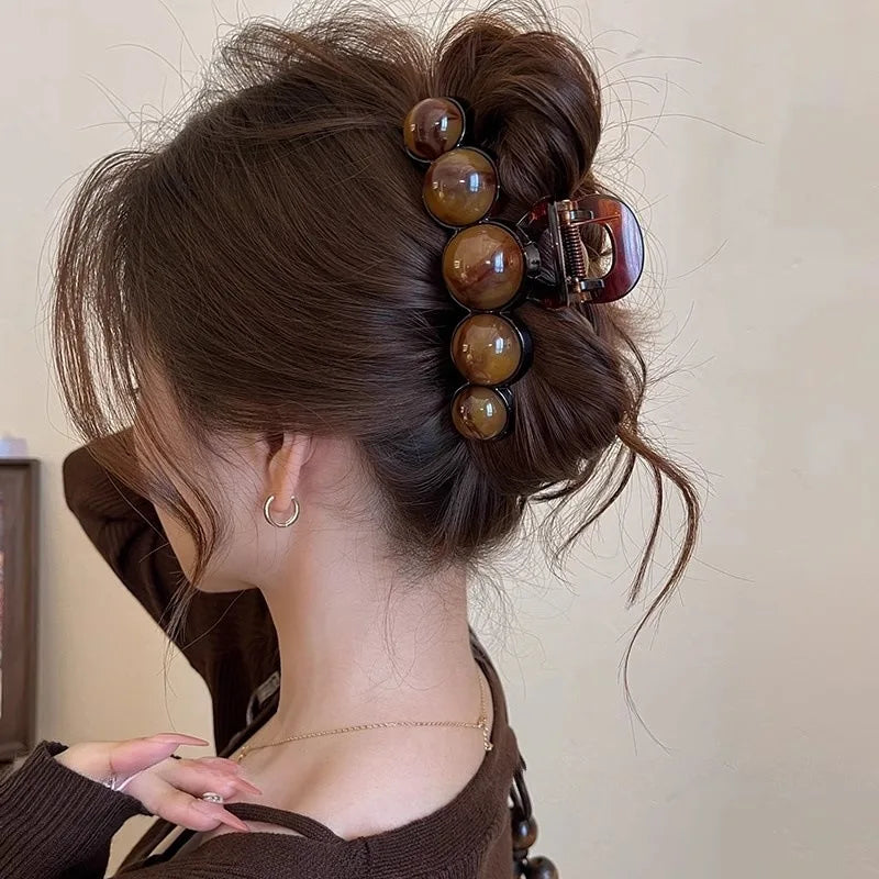 Retro Gradient Beaded Hair Claw For Women Geometric Plastic Clip