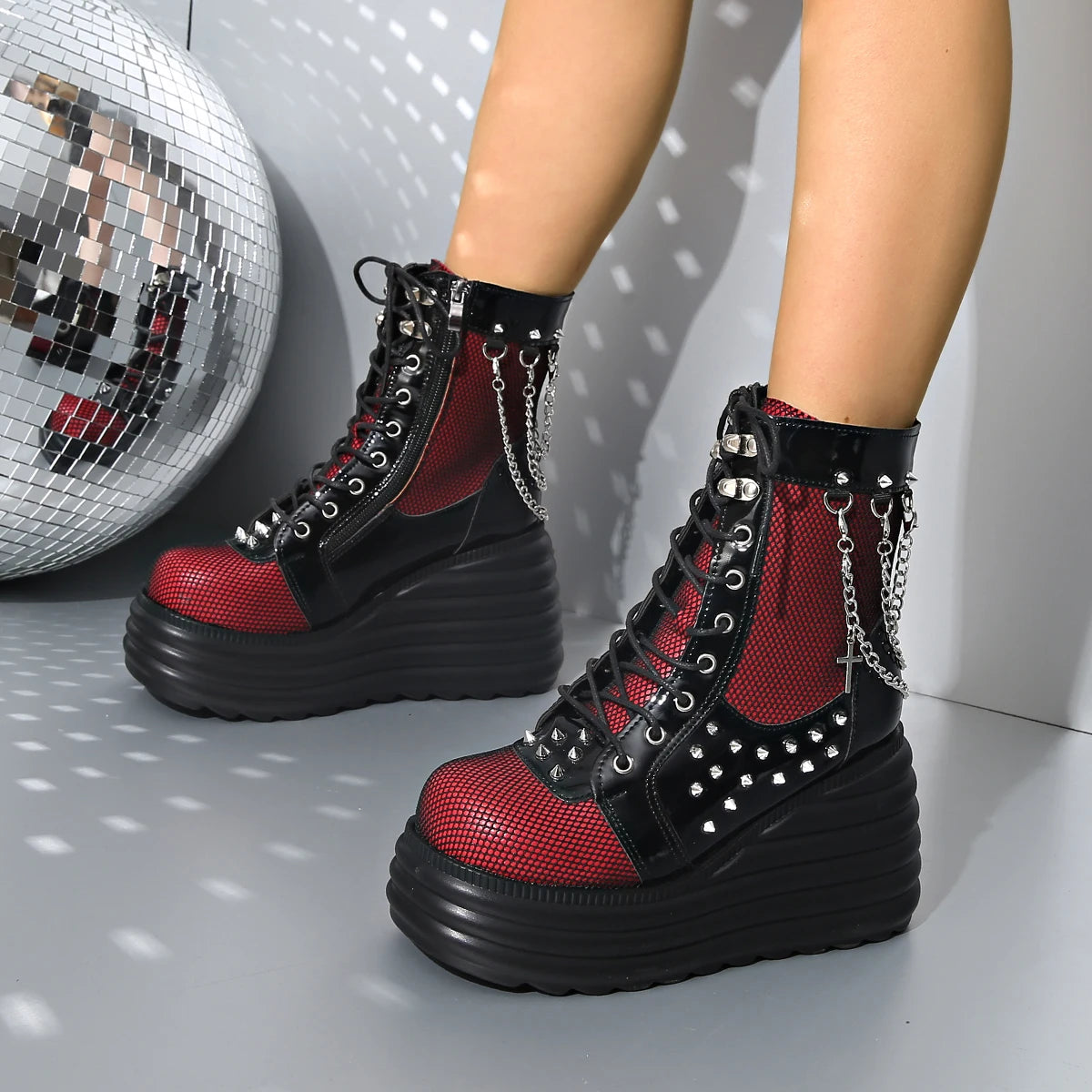 Women Boots Wedges With Chain Rivet Decor