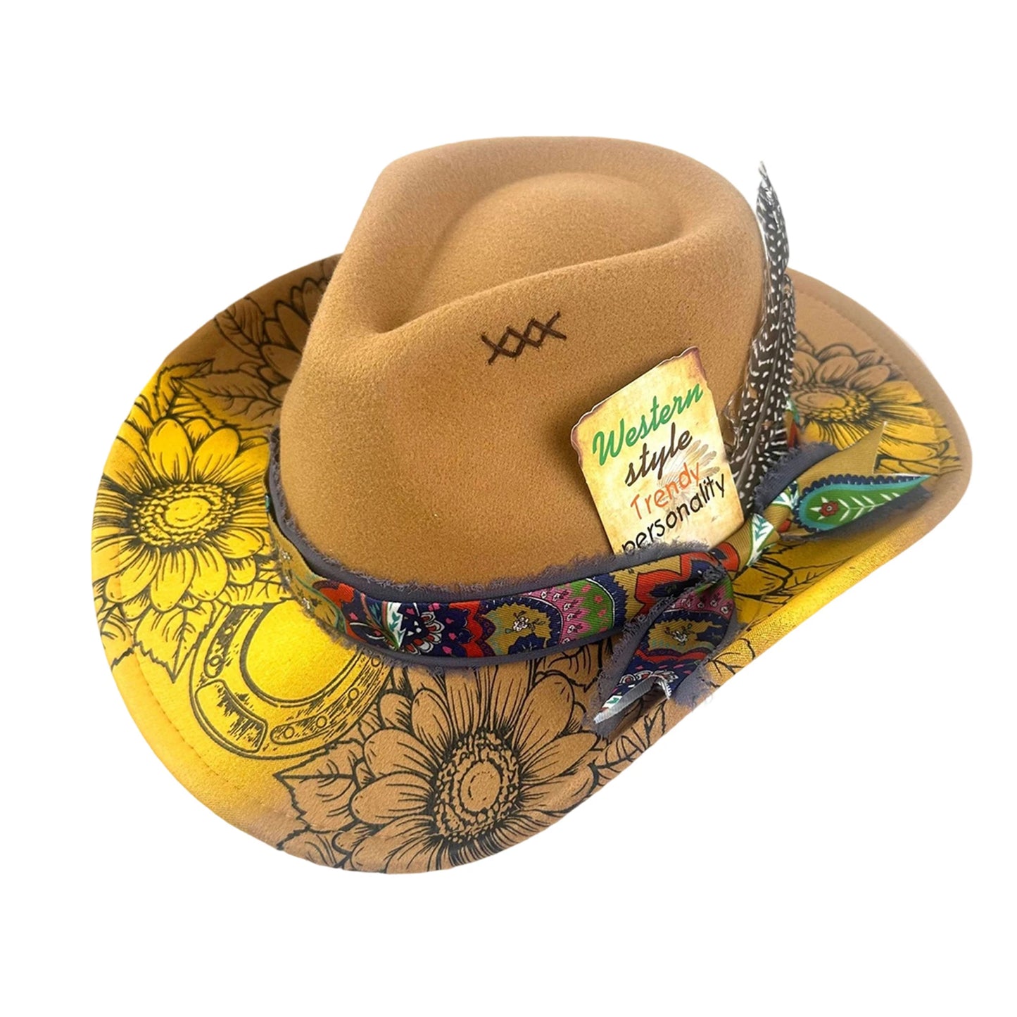 Hat Feather Print Wide Brim Cap