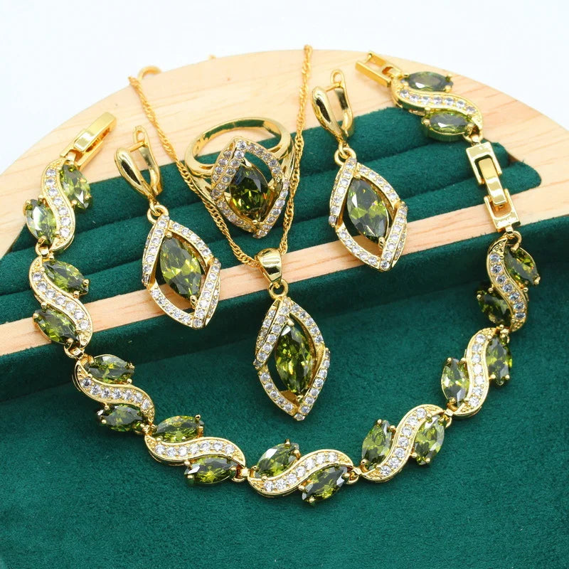 Elegant Jewelry Set Necklace Bracelet Ring Earrings 18K Gold Plated