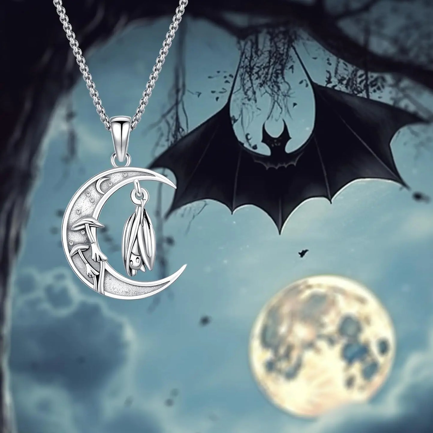 Bat Necklace 925 Sterling Silver Crescent Moon Pendant