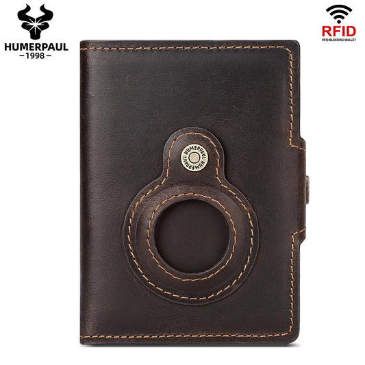 HUMERPAUL AirTag Holder Wallet RFID Cowhide Leather Card Holder