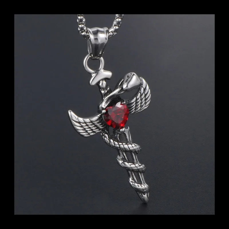 Angel Sword Necklace Pendant Titanium Steel With Red Opal