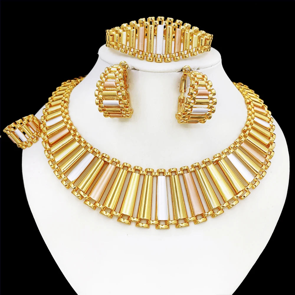 GZJPEI Geometric Striped Jewelry Set 18K Gold Plated Hollow Out