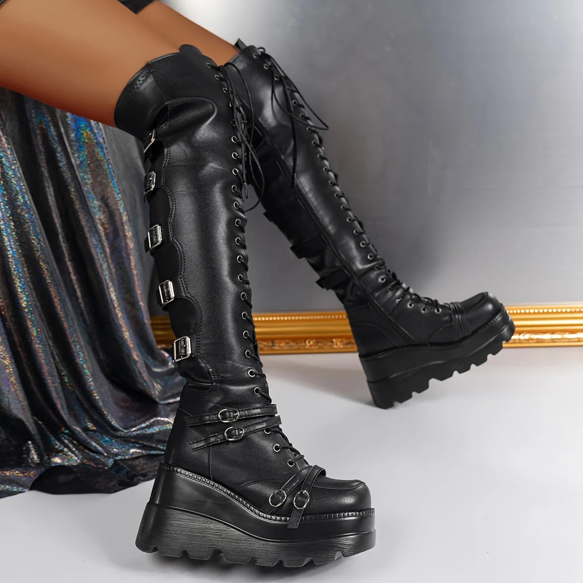 Women's Thigh High Boots Lace Up Zipper