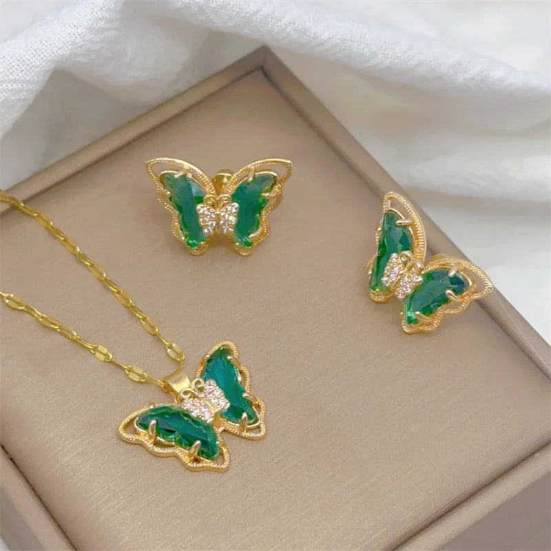 Butterfly Necklace And Earrings Set Stainless Steel Jewelry