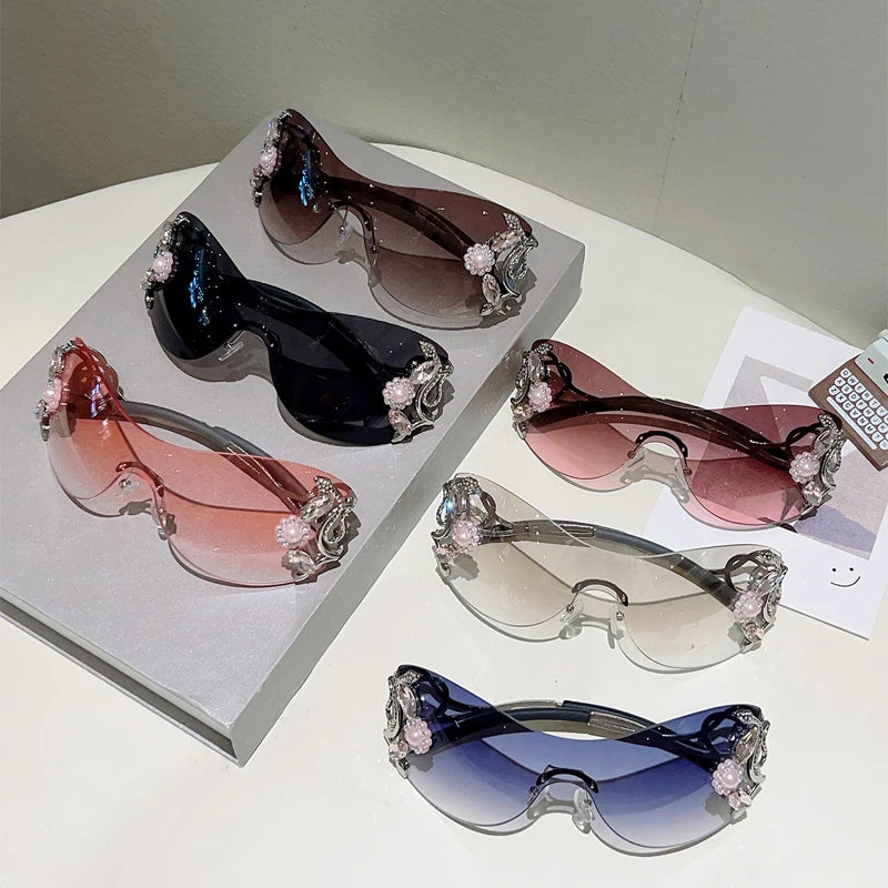 Rimless Sunglasses With Rhinestones Monoblock Gradient Lenses